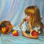 Painting little girl with apples