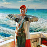 Portrait painting of a fisherman with a marlin. 2015