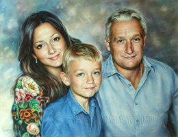Family portrait of 3 people. Dry brush