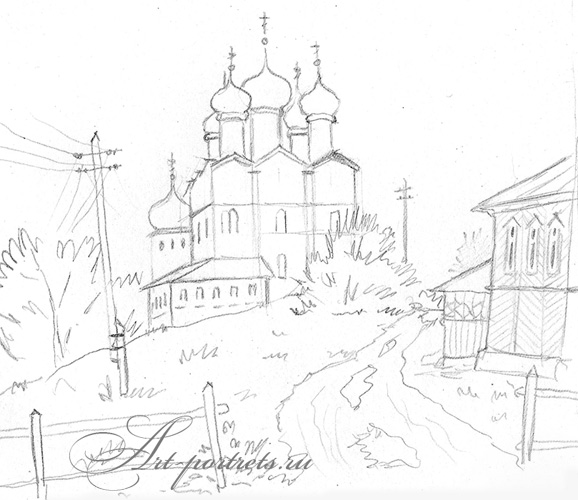 Сельская церковь. Рисунок простым карандашом